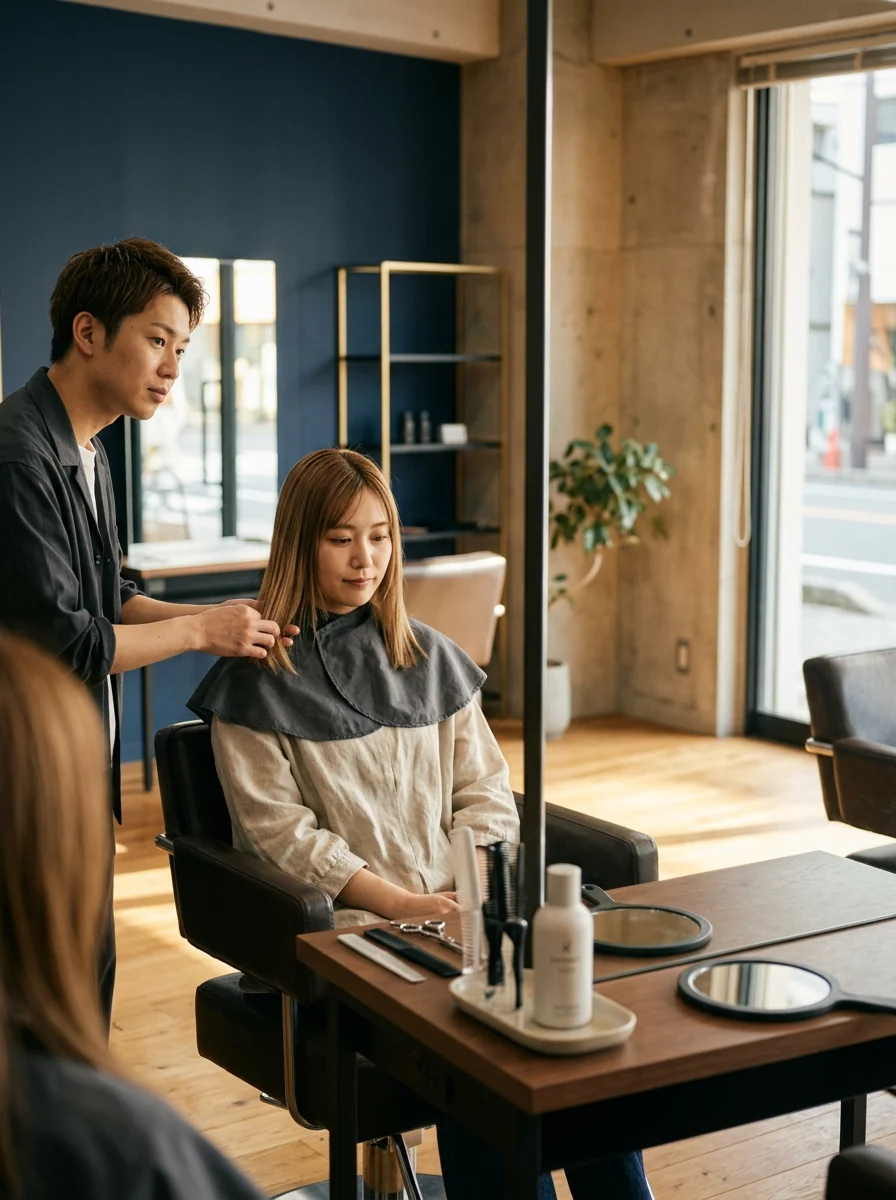 美容室でストレートヘアの毛先を整える縮毛矯正担当者